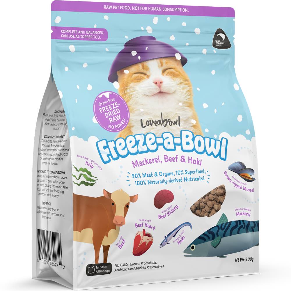 "15% OFF: Loveabowl Freeze-A-Bowl Mackerel, Beef & Hoki Grain-Free Freeze-Dried Raw Cat Food"